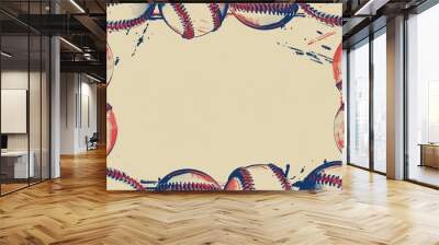 Minimalist studio scene: Red and blue baseballs frame a central space for text on a clean white background. Wall mural