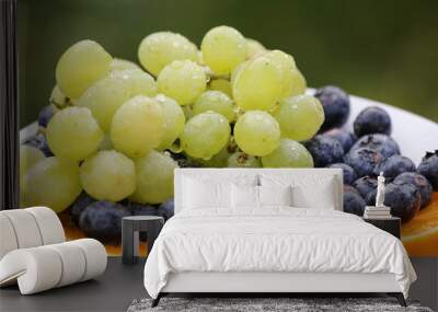 Mixed fruits in a plate with grass at background Wall mural