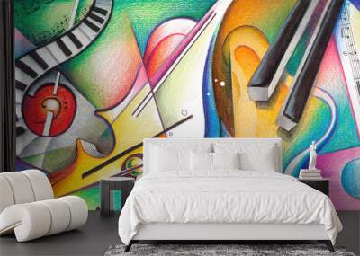 Music - Handmade illustration about music and musical instruments, colourfull drawing, music painting Wall mural