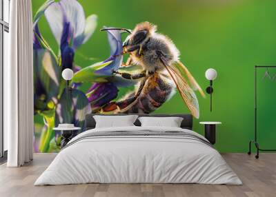 My dream lady - Small bee on a purple clover blossom in the evening sun Wall mural