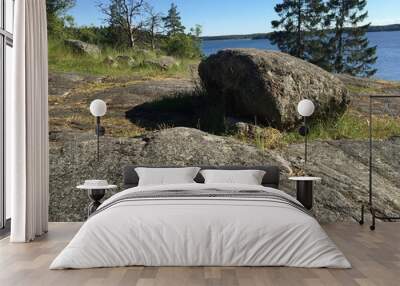 A big rock laying in the sun on top of some cliffs. A nice view with the Swedish lake Malar och Malaren in the background. Clear blue sky and some green trees. Wall mural