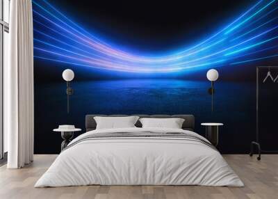 Abstract light blue lines on black background illuminate textured ground. Dynamic curves and blues pattern. Detailed fractal graphics. Science and technology concept Wall mural