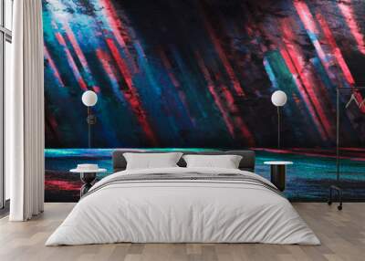 Dark empty stage, product showcase with futuristic pink and blue rays of neon lights. Wall mural