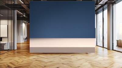 Place for your product. Dark blue wall behind horizontal wooden exhibition place. Wall mural