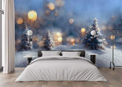 Xmas toy trees in snow background Wall mural