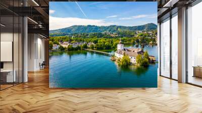 Schloss Ort (or Schloss Orth) is an Austrian castle situated in the Traunsee lake, in Gmunden. Aerial drone view. Wall mural