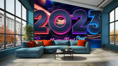 Set of happy new year and merry Christmas 2023. 2023 new year with 3D number on purple background with fireworks Wall mural