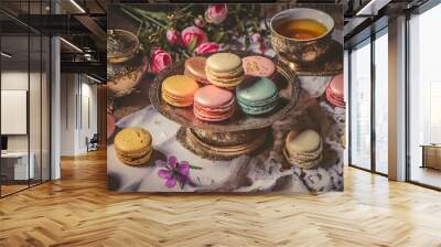 Set of multicolored pastries on dark background. Sweet tasty macaroons in bowl on canvas brown cloth on table. Food photo in low key. Pink, yellow, blue, orange homemade round cake.  Wall mural