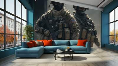 Special Forces Military Unit in Full Tactical Gear, Wartime, Looking at the camera, Battlefield Illustration Wall mural