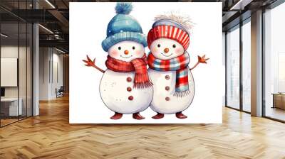 Sticker design of cute twin snowmen with hats and scarves, smiling together in a cheerful winter holiday illustration scene, transparant png Wall mural