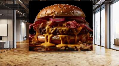 The photo showcases a mouthwatering burger that is a true feast for the senses. The juicy, perfectly grilled patty is nestled between two toasted buns, topped with melted cheese that oozes with delici Wall mural