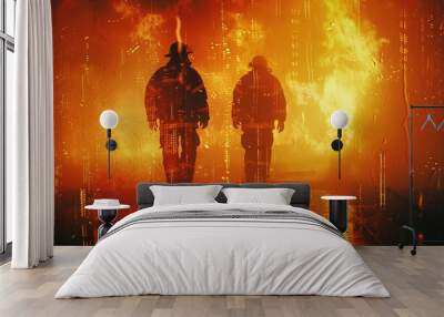 This depiction of two firefighters confronting a fire employs a blend of realistic human form, along with techniques like transparency, opacity, mechanical designs, photocollage, and cut-out silhouett Wall mural