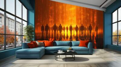 Uplifting scene: Silhouette business people in a dynamic orange matrix code composition, reminiscent of a movie poster. Wall mural