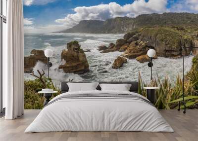 Punakaiki Pancake Rocks with blowholes in the Paparoa National Park, New Zealand Wall mural