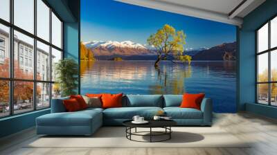 The Lonely tree of Lake Wanaka and snowy Buchanan Peaks, South Island, New Zealand Wall mural