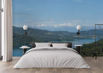 view over the beautiful Embalse de El Grado Reservoir and Hydro-electric Dam, blue summer sky, Huesca, Spain Wall mural