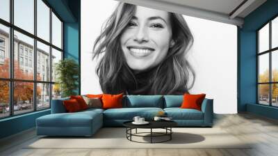 Black and white portrait of young happy woman with a big smile on her face Wall mural