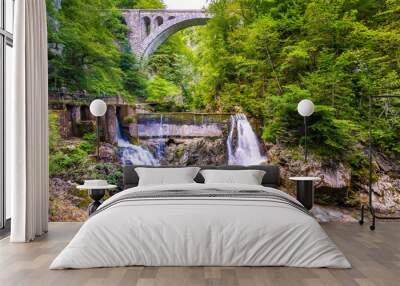 Vintgar gorge waterfall in Slovenia, Triglav national park. Pure fresh water in beautiful nature and forest. Tourist paths near waterfalls. Wall mural