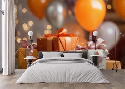 Yellow gold wrapped presents with bows create a festive birthday celebration. Wall mural