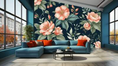 Colorful floral watercolor pattern on a dark blue background perfect for textile design Wall mural