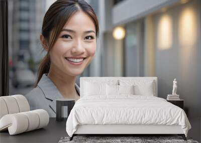 Confident young Japanese businesswoman smiling in the office Wall mural