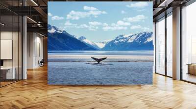 Humpback whale tail with icy mountains backdrop Alaska Wall mural