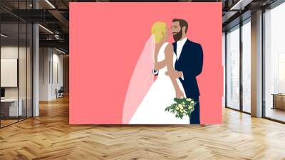 Illustration of happy bride and groom at their wedding day Wall mural