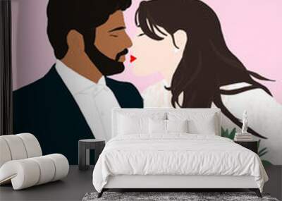 Illustration of happy caucasian bride and Indian groom at their wedding day Wall mural