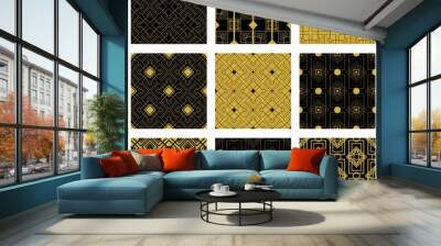 Pattern collection: Black and gold art deco seamless vector patterns. Monochromatic geometric pattern elements on monochromatic background.  Wall mural