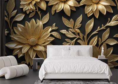 Luxurious abstract floral illustration with metallic gold and black textures Wall mural