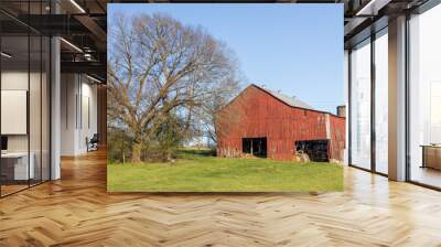 Old red wooden barn in a field Wall mural