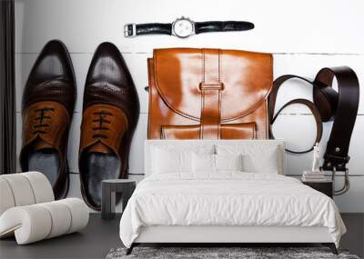 stylish men's accessories on the wooden background Wall mural