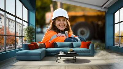 Happy in work - senior woman engineer Wall mural