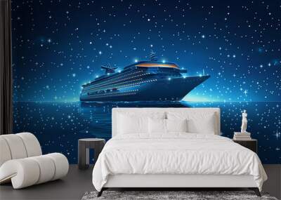  Futuristic blue cruise liner in ocean with neon lights and dots. Concept of luxury boat vacation. Modern big ship for travel brochure, sailing design or digital template for voyage website. Wall mural