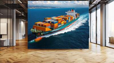 Aerial Top View Of Container Cargo Business Ship In Sea. Global Cargo Transportation Concept Banner. International transportation. Export-import business, logistics, freight shipping Wall mural