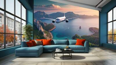 Airplane fly above beautiful nature landscape island, Tourism destination, Background for banner summer holiday vacation travel trip Wall mural