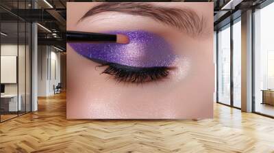 Beautiful woman with professional makeup. Female closed eye close-up. Eye makeup for eyebrows and eyelashes.  Wall mural