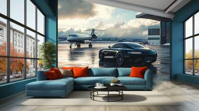 Business private jet airplane parked at terminal and Luxury car, tourism and business travel transportation concept. Wall mural