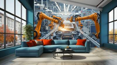 Car manufactory, robot assembly line in car factory. Modern vehicle production, plant process. Automobile production. Automotive industry Wall mural