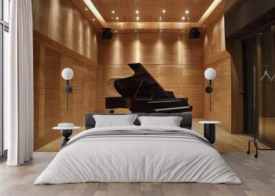 Classic grand black piano in classical style room interior. Musical instrument, musical art Wall mural