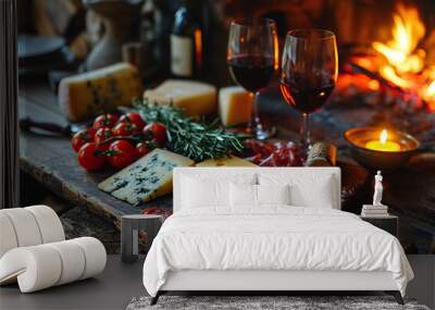 Close-up of a glass of red wine on a table with blurred fireplace in the background and charcuterie board with different cheese at a cozy evening	 Wall mural