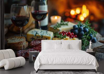 Close-up of a glass of red wine on a table with blurred fireplace in the background and charcuterie board with different cheese at a cozy evening	 Wall mural