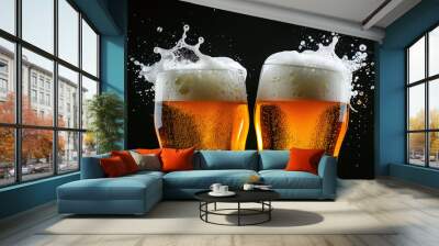 Close-up of two beer glasses toasting, empty black background	 Wall mural