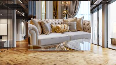 Elegant beige and gold luxury living room features sleek coffee table, and ornate credenza, exuding sophistication and opulence in every detail Wall mural