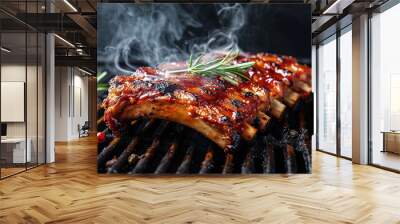 Grilled barbeque ribs with smoke in the air on dark background. Recipe food barbeque concept. Wall mural