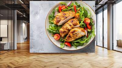 Grilled chicken breast. Fried chicken fillet and fresh vegetable salad of tomatoes, cucumbers and arugula leaves. Chicken meat salad. Healthy food. Flat lay. Top view. White background. Copy space Wall mural