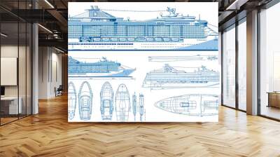 Isolated blue print of cruise ship isolated on white background in a flat style. Blue print, sketch style, for cargo ship, high quality, clear features, side view Wall mural