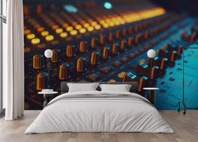 Mixer control. Music engineer. Backstage controls on an audio mixer, Sound mixer. Professional audio mixing console with lights, buttons, faders and sliders. sound check for concert. Wall mural