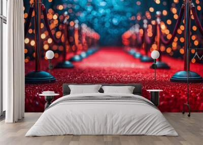 Red Event Carpet. Concept of Success and Triumph, luxury party entrance, cinema premiere film festival event award gala ceremony, wealthy rich guests arriving, outdoor decoration elements, summer day Wall mural