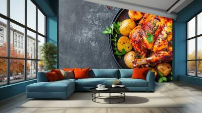 Roasted, baked chicken with potatoes and herbs on dark plate. Grey background. Copy space. Top view. Banner concept Wall mural